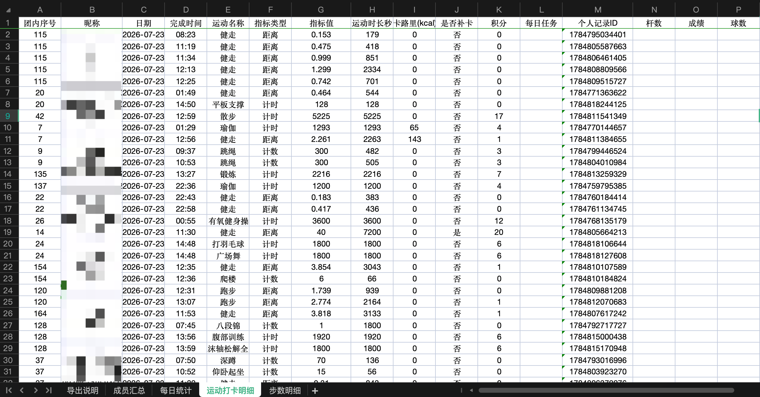 团队历史数据运动打卡明细